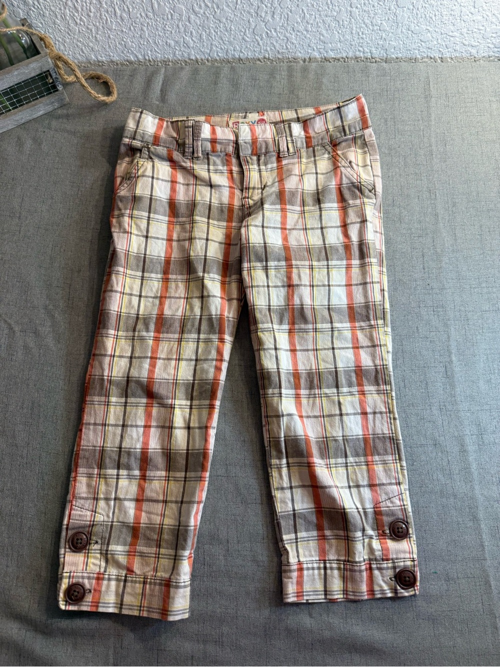 Y2K Roxy Plaid Capri Pants Girls Size 12‎ Surf-Skater Aesthetic Orange-Brown